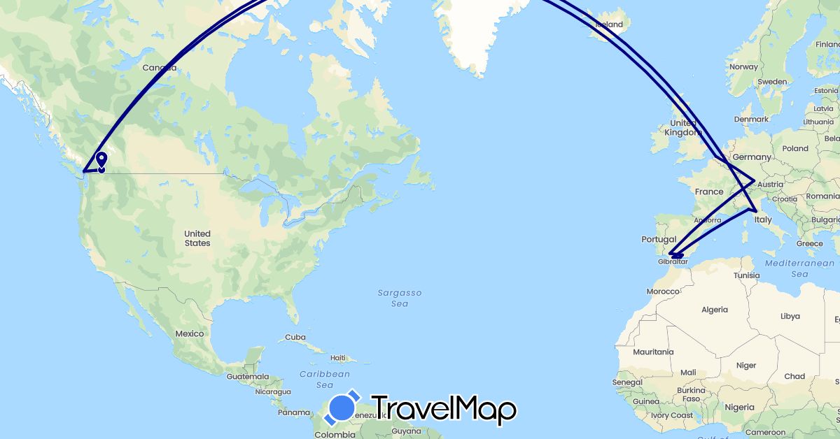 TravelMap itinerary: driving in Belgium, Canada, Germany, Spain, Italy (Europe, North America)